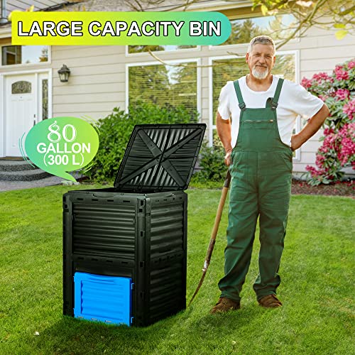 Azaeahom Outdoor Compost Bin 80 Gallon (300L) Large, Garden Composter from PP Material,Composting Box Easy Assembly & Many Vents, Create Fertile Soil Fast, Lightweight & Sturdy