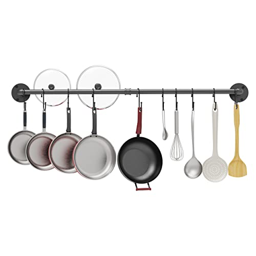 Auroglint Wall Mounted Pan Rack, Pan Organizer Hanging Pots Holder Kitchen Storage Shelf with 17 Hooks—black