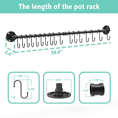 Auroglint Wall Mounted Pan Rack, Pan Organizer Hanging Pots Holder Kitchen Storage Shelf with 17 Hooks—black