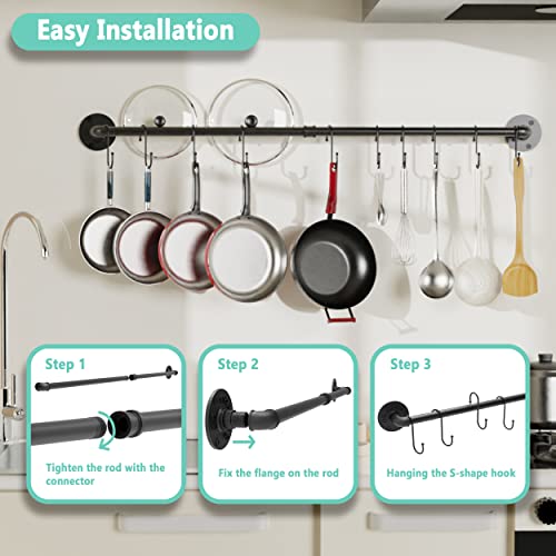 Auroglint Wall Mounted Pan Rack, Pan Organizer Hanging Pots Holder Kitchen Storage Shelf with 17 Hooks—black