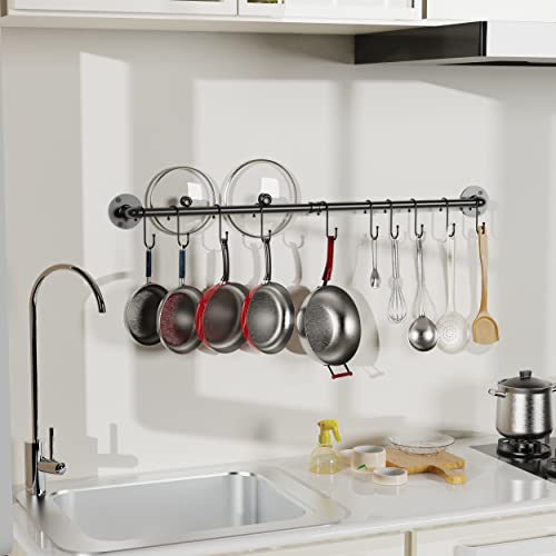 Auroglint Wall Mounted Pan Rack, Pan Organizer Hanging Pots Holder Kitchen Storage Shelf with 17 Hooks—black