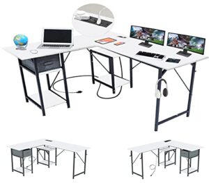 dliuz white l shaped desk with drawers，l modern desk,computer gaming desk with usb charging port and power outlet， 2 person long writing study table with shelves reversible home office corner desk
