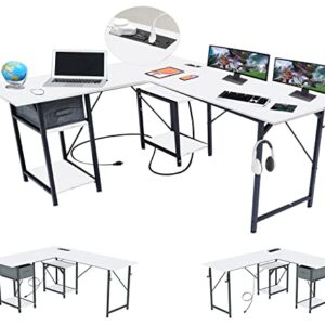 DLIUZ White L Shaped Desk with Drawers，L Modern Desk,Computer Gaming Desk with USB Charging Port and Power Outlet， 2 Person Long Writing Study Table with Shelves Reversible Home Office Corner Desk