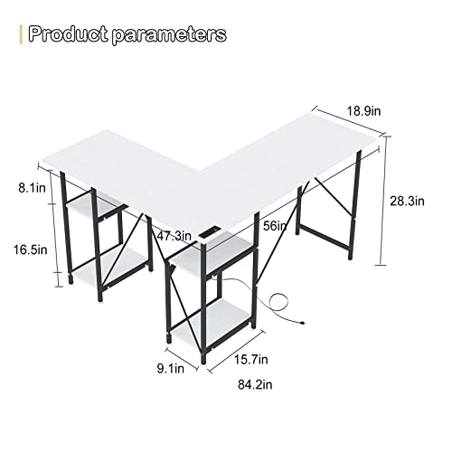 DLIUZ White L Shaped Desk with Drawers，L Modern Desk,Computer Gaming Desk with USB Charging Port and Power Outlet， 2 Person Long Writing Study Table with Shelves Reversible Home Office Corner Desk