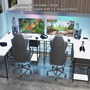 DLIUZ White L Shaped Desk with Drawers，L Modern Desk,Computer Gaming Desk with USB Charging Port and Power Outlet， 2 Person Long Writing Study Table with Shelves Reversible Home Office Corner Desk