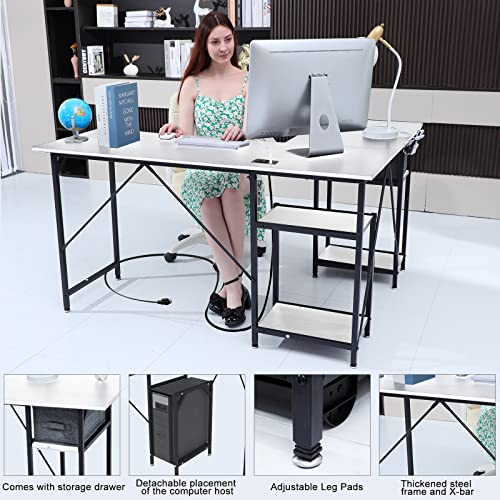 DLIUZ White L Shaped Desk with Drawers，L Modern Desk,Computer Gaming Desk with USB Charging Port and Power Outlet， 2 Person Long Writing Study Table with Shelves Reversible Home Office Corner Desk