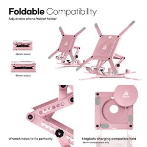 FINEDAY Foldable Stand (Up to 13" Devices), Rose Gold, Pink, Adjustable, 360° Rotatable, MagSafe Compatible Hole, Portable, Aluminum Tablet/Phone Stand, iPhone Stand, iPad Stand, Handmade After CNC