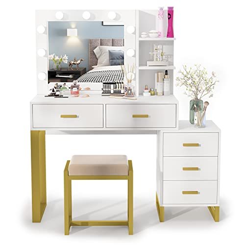 PAKASEPT Vanity Set with Lighted Mirror, Large Desk Makeup Dressing Table 9 LED Lights, 5 Drawers, Storage Shelves&Cushioned Stool for Bedroom, White, 45.51''L * 15.74''W * 51.37 ''H