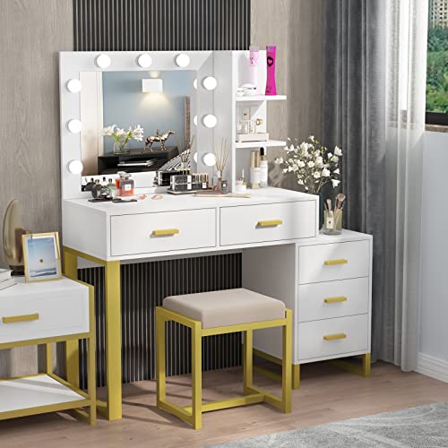 PAKASEPT Vanity Set with Lighted Mirror, Large Desk Makeup Dressing Table 9 LED Lights, 5 Drawers, Storage Shelves&Cushioned Stool for Bedroom, White, 45.51''L * 15.74''W * 51.37 ''H