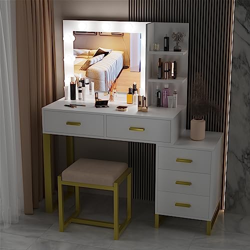 PAKASEPT Vanity Set with Lighted Mirror, Large Desk Makeup Dressing Table 9 LED Lights, 5 Drawers, Storage Shelves&Cushioned Stool for Bedroom, White, 45.51''L * 15.74''W * 51.37 ''H