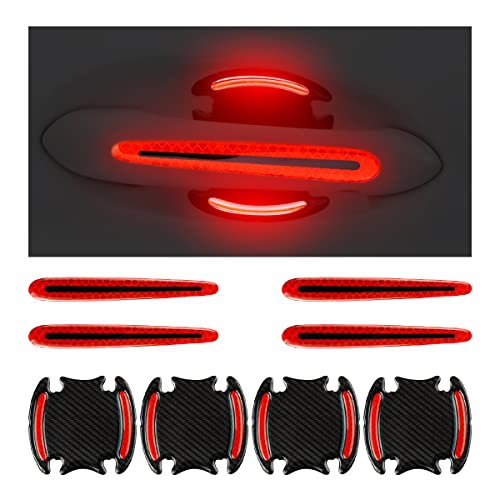 8PCS Car Handle Cup Protector Reflective Stickers, 3D Carbon Fiber Door Bowl Paint Scratch Protective Film, Night Visibility Door Cover Guard Strips, Warning Decals Universal for Most Cars (Red)