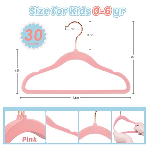 DUDUCOFU 30 Pack 11.8 inch Pink Velvet Hangers Baby Clothes Hangers Non Slip Kids Felt Hangers with 360 Degree Swivel Hook Toddler Hangers for Closet