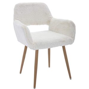 kcc furry desk chair, mid-century modern accent faux fur chair for teen girls, comfy armchair with wood look metal legs for living dining room, home vanity makeup office desk chair no wheel, white