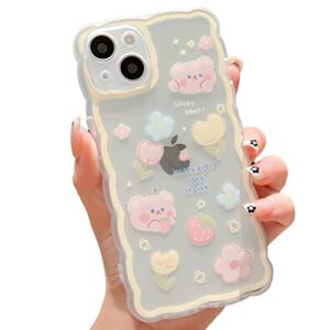 szxyczl compatible with iphone 13 case cute cartoon floral strawberry bear design for women girls aesthetic kawaii slim soft tpu transparent cover for iphone 13 6.1 inch-yellow