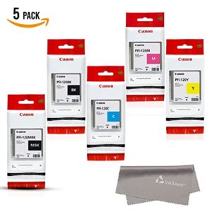 PFI120 Canon Genuine Pfi-120 5 Pack Set of 5 Colors Ink Tanks 1 of Each Pfi120MBK, Pfi120BK , Pfi120C , Pfi120Y , Pfi120M by Canon + InkSAVER™ Microfiber LCD Screen Cleaning Cloth