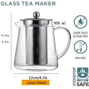 Glass Teapot (32oz/ 950ml) MJZQCD with Removable Stainless Steel Infuser,Glass Tea Pot transparent Stovetop tea Kettle,Blooming and Loose Leaf Tea Maker,Microwave & Dishwasher Safe