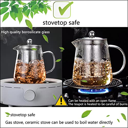 Glass Teapot (32oz/ 950ml) MJZQCD with Removable Stainless Steel Infuser,Glass Tea Pot transparent Stovetop tea Kettle,Blooming and Loose Leaf Tea Maker,Microwave & Dishwasher Safe