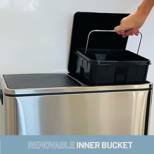 AWENN - Dual Kitchen Garbage Trash Can with Lid and Pedal - Touchless Round Shape Waste Bin - Stainless Steel Dustbin for Kitchen, Bathroom, Office and Outdoors – Black (12.7 Gallon – 48 Liters)