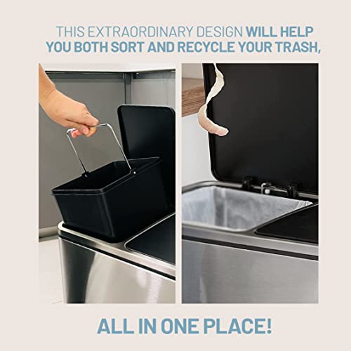 AWENN - Dual Kitchen Garbage Trash Can with Lid and Pedal - Touchless Round Shape Waste Bin - Stainless Steel Dustbin for Kitchen, Bathroom, Office and Outdoors – Black (12.7 Gallon – 48 Liters)