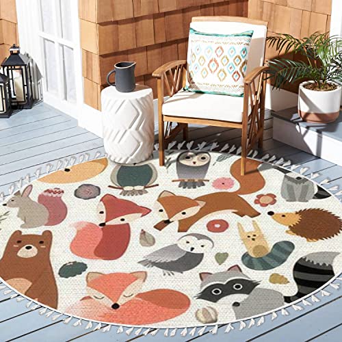 DNEWYNPABV Round Rugs Woodland Animals Cute Forest Design Elements Boho Area Rug Linen and Cotton Carpet Meditation Rug Washable Hallway Runner Mat Accent Rug for Bedroom Bathroom 6ft