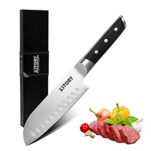 kitory santoku knife - 5.5 inch japanese chef kitchen knife - cooking slicing chopping for vegetable fruit and meat - german high carbon steel - ergonomic pakkawood handle-gift box - metadrop series