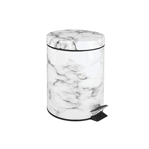 AWENN - Kitchen Garbage Trash Can with Lid and Pedal - Touchless Round Shape Waste Bin - Galvanized Steel Dustbin for Kitchen, Bathroom, Office and Outdoors – Marble (1.3 Gallon – 5 Liters)