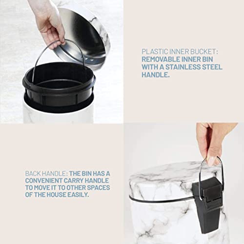 AWENN - Kitchen Garbage Trash Can with Lid and Pedal - Touchless Round Shape Waste Bin - Galvanized Steel Dustbin for Kitchen, Bathroom, Office and Outdoors – Marble (1.3 Gallon – 5 Liters)