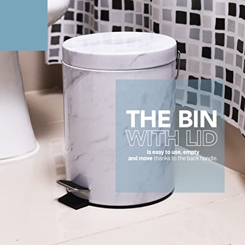 AWENN - Kitchen Garbage Trash Can with Lid and Pedal - Touchless Round Shape Waste Bin - Galvanized Steel Dustbin for Kitchen, Bathroom, Office and Outdoors – Marble (1.3 Gallon – 5 Liters)