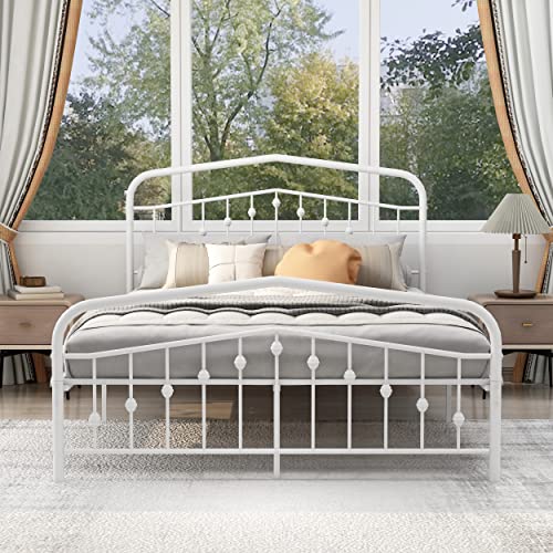 Zoophyter Metal Platform Bed Frame Queen Size No Box Spring Needed with Headboard Footboard Premium Steel Slat Support White