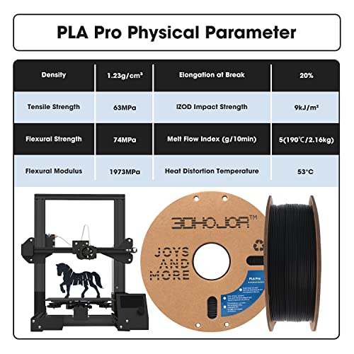 3DHoJor PLA Pro Filament 1.75mm (PLA Plus Black Filament), 1kg 3D Printer PLA Filament, PLA + 3D Printing Filament, Cardboard Spool, Dimensional Accuracy +/- 0.03 mm, Fit Most FDM 3D Printer