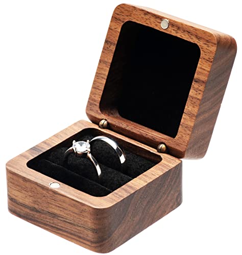 COSISO Square Solid Wood Double Ring Box Case for Wedding Ceremony Engagement Proposal,Wooden Ring Holder for 2 Rings (Black Inner)