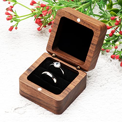 COSISO Square Solid Wood Double Ring Box Case for Wedding Ceremony Engagement Proposal,Wooden Ring Holder for 2 Rings (Black Inner)