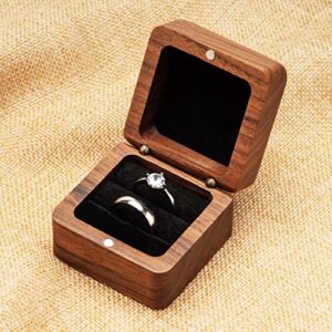 COSISO Square Solid Wood Double Ring Box Case for Wedding Ceremony Engagement Proposal,Wooden Ring Holder for 2 Rings (Black Inner)