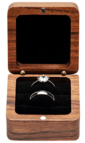 COSISO Square Solid Wood Double Ring Box Case for Wedding Ceremony Engagement Proposal,Wooden Ring Holder for 2 Rings (Black Inner)