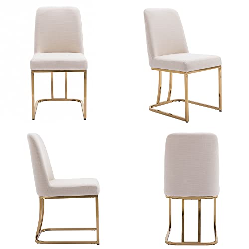 HNY Mid Century Modern Dining Room Chairs Set of 2, Linen Upholstered Fabric Chairs for Dining Room, with Golden Finish Metal Frame, Cream, Cream-linen, 17.7D x 23.2W x 34.3H in