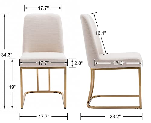 HNY Mid Century Modern Dining Room Chairs Set of 2, Linen Upholstered Fabric Chairs for Dining Room, with Golden Finish Metal Frame, Cream, Cream-linen, 17.7D x 23.2W x 34.3H in