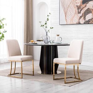 hny mid century modern dining room chairs set of 2, linen upholstered fabric chairs for dining room, with golden finish metal frame, cream, cream-linen, 17.7d x 23.2w x 34.3h in