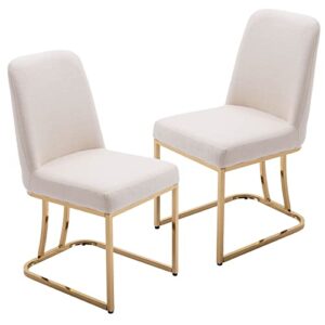 HNY Mid Century Modern Dining Room Chairs Set of 2, Linen Upholstered Fabric Chairs for Dining Room, with Golden Finish Metal Frame, Cream, Cream-linen, 17.7D x 23.2W x 34.3H in