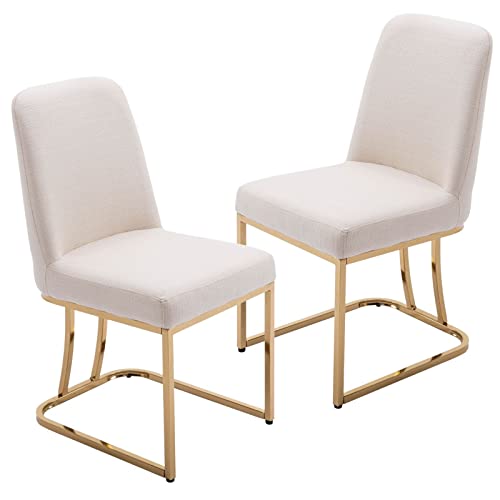 HNY Mid Century Modern Dining Room Chairs Set of 2, Linen Upholstered Fabric Chairs for Dining Room, with Golden Finish Metal Frame, Cream, Cream-linen, 17.7D x 23.2W x 34.3H in