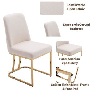 HNY Mid Century Modern Dining Room Chairs Set of 2, Linen Upholstered Fabric Chairs for Dining Room, with Golden Finish Metal Frame, Cream, Cream-linen, 17.7D x 23.2W x 34.3H in