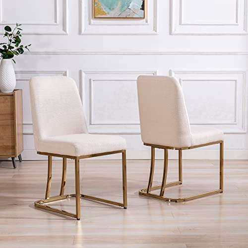 HNY Mid Century Modern Dining Room Chairs Set of 2, Linen Upholstered Fabric Chairs for Dining Room, with Golden Finish Metal Frame, Cream, Cream-linen, 17.7D x 23.2W x 34.3H in