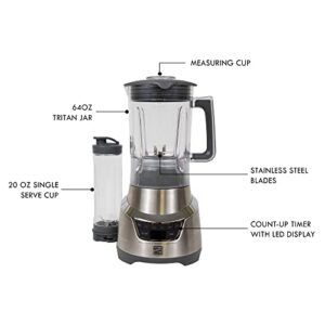 Kenmore Elite 1.3 HP 64 oz Blender With 20 oz Single-Serve Blending Cup, Powerful Ice-Crushing Motor, 8-Cup (1.9L) Tritan Pitcher, 20 oz (600 mL) Travel Cup with To-Go Lid, Grey and Stainless Steel