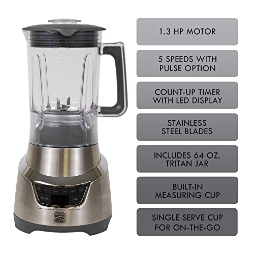 Kenmore Elite 1.3 HP 64 oz Blender With 20 oz Single-Serve Blending Cup, Powerful Ice-Crushing Motor, 8-Cup (1.9L) Tritan Pitcher, 20 oz (600 mL) Travel Cup with To-Go Lid, Grey and Stainless Steel