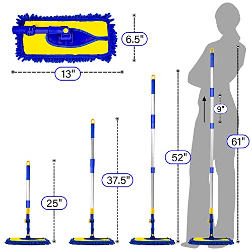 ITTAR Car Wash Brush, 2 Pads Chenille Microfiber Car Wash Mop Kit with 61" Long Handle, Truck Wash Brush Cleaning Tool with Flexible Rotation Head, Car Wash Wand for RV, SUV, Tile Floor(Blue)