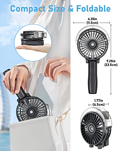 Zuvas Misting Handheld Fan 4800mAh Battery Powered Small Portable Fan with Spray 3 Speed 180°Foldable USB Personal Fan, for Travel Camping Outdoor Sports Neck Lanyard, Black