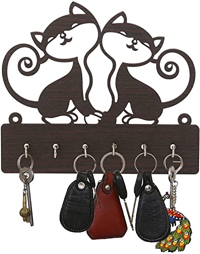 Cat Design Beautiful Key Holder for Wall Living Room Hanger Key Organizer Entryway Key Rack for Wall Décor, Living Room, Hall,Bedroom,Kitchen, and Office 6 Hooks_Brown 8 x 7 x 1.18 inches