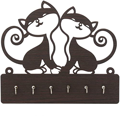 Cat Design Beautiful Key Holder for Wall Living Room Hanger Key Organizer Entryway Key Rack for Wall Décor, Living Room, Hall,Bedroom,Kitchen, and Office 6 Hooks_Brown 8 x 7 x 1.18 inches