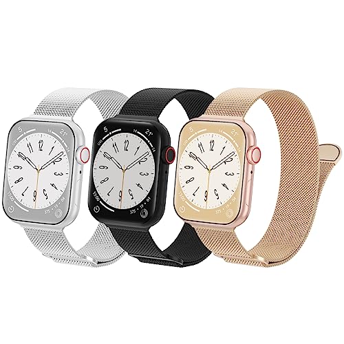 TRA 3 Pack Metal Stainless Steel Bands Compatible with Apple Watch Band 49mm 45mm 44mm 42mm 41mm 40mm 38mm, Magnetic Mesh Loop Strap Wristband for iWatch Ultra Series 8/SE/7/6/5/4/3/2/1 Men Women