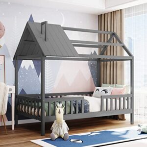 merax house bed frames for boys and girls,wood twin bed frame house-shaped bed platform bed frame with roof windows and full-length safety rails, twin size