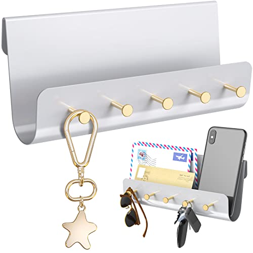 NiHome Silver Wall-Mounted Entryway Organizer - Mail Holder, Key Rack and Hanger with 5 Hooks for Home, Office, Hallway and Mudroom